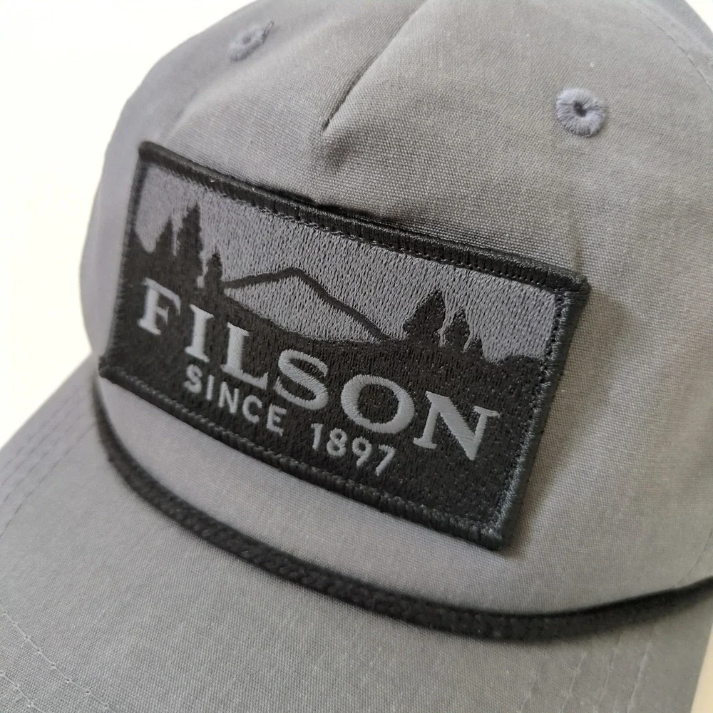 Filson Logger Mesh Snapback Hat Gray Mountain Patch Rope Cap Gorpcore Outdoor